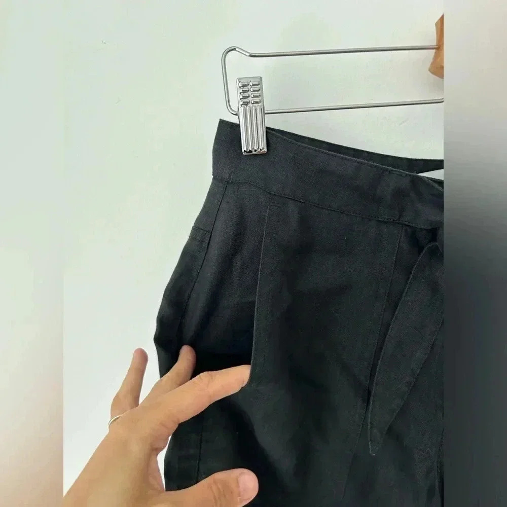 Oui 100% Linen Wide Leg Pants Black Tie Waist Relaxed Minimalist EU Size 6 - Picture 4 of 11